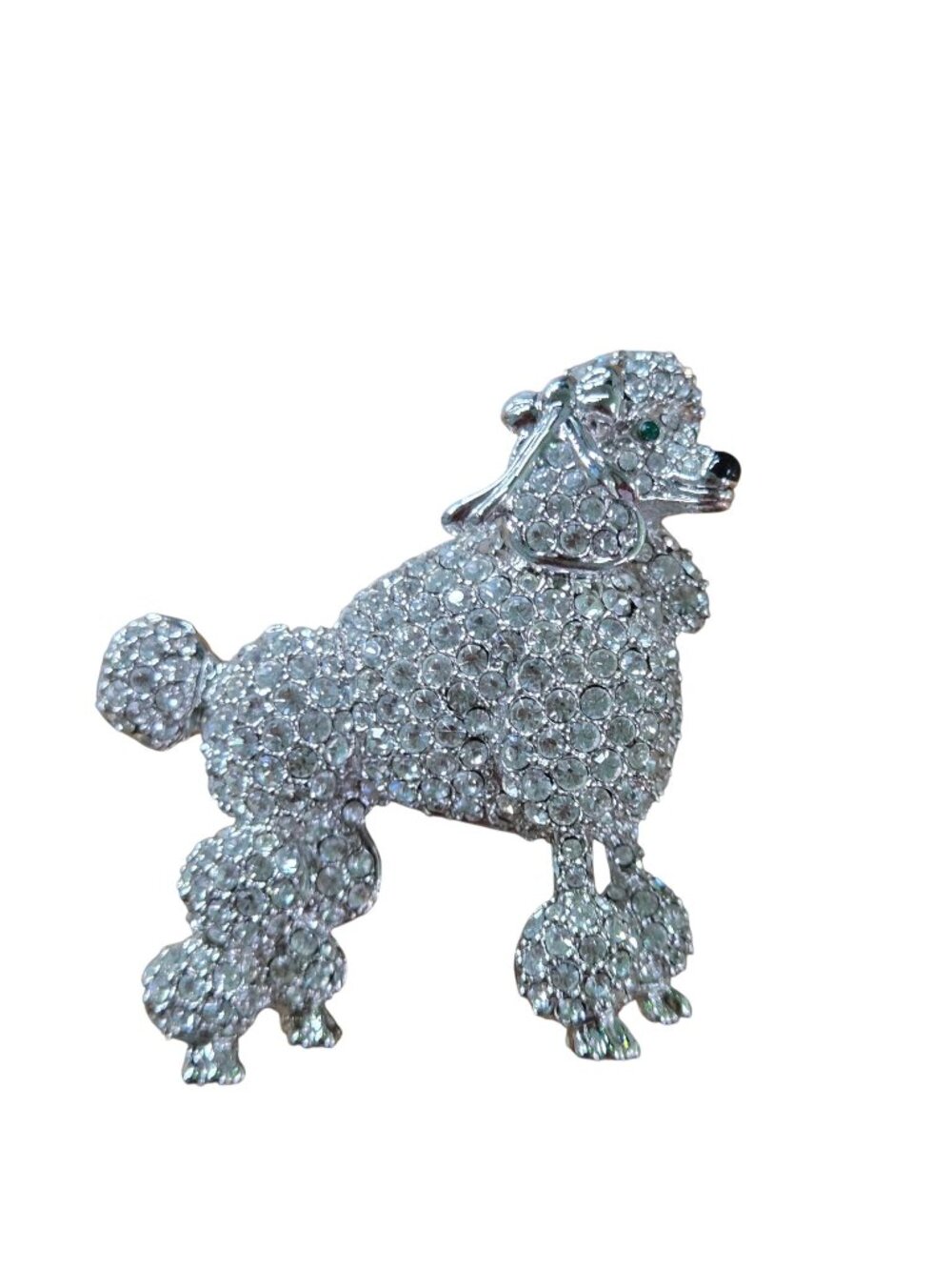 Vintage Mid Century Silvertone Poodle Brooch With Bow Green Eyes Black Nose